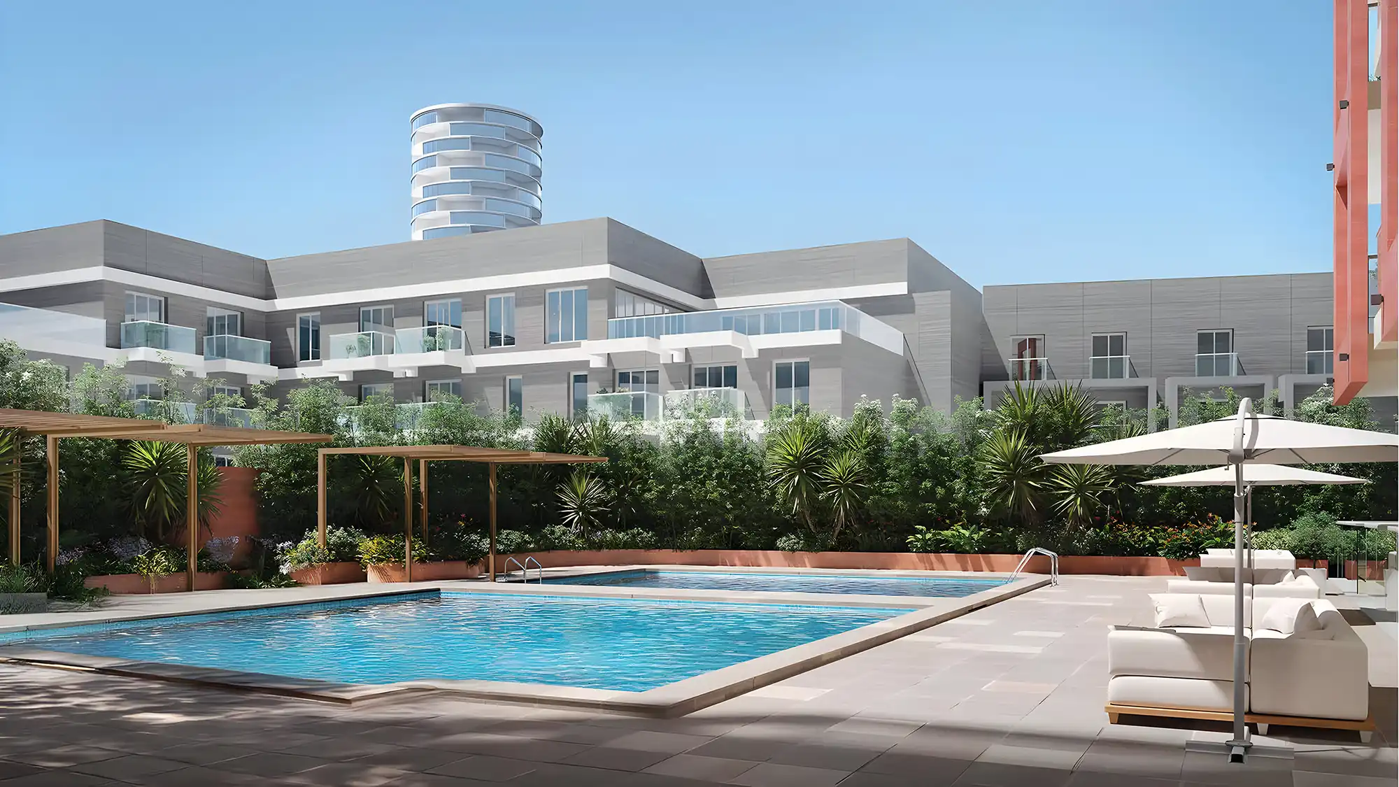 חזית Mayfair Residences על רקע פארק ירוק ב-JVC דובאי