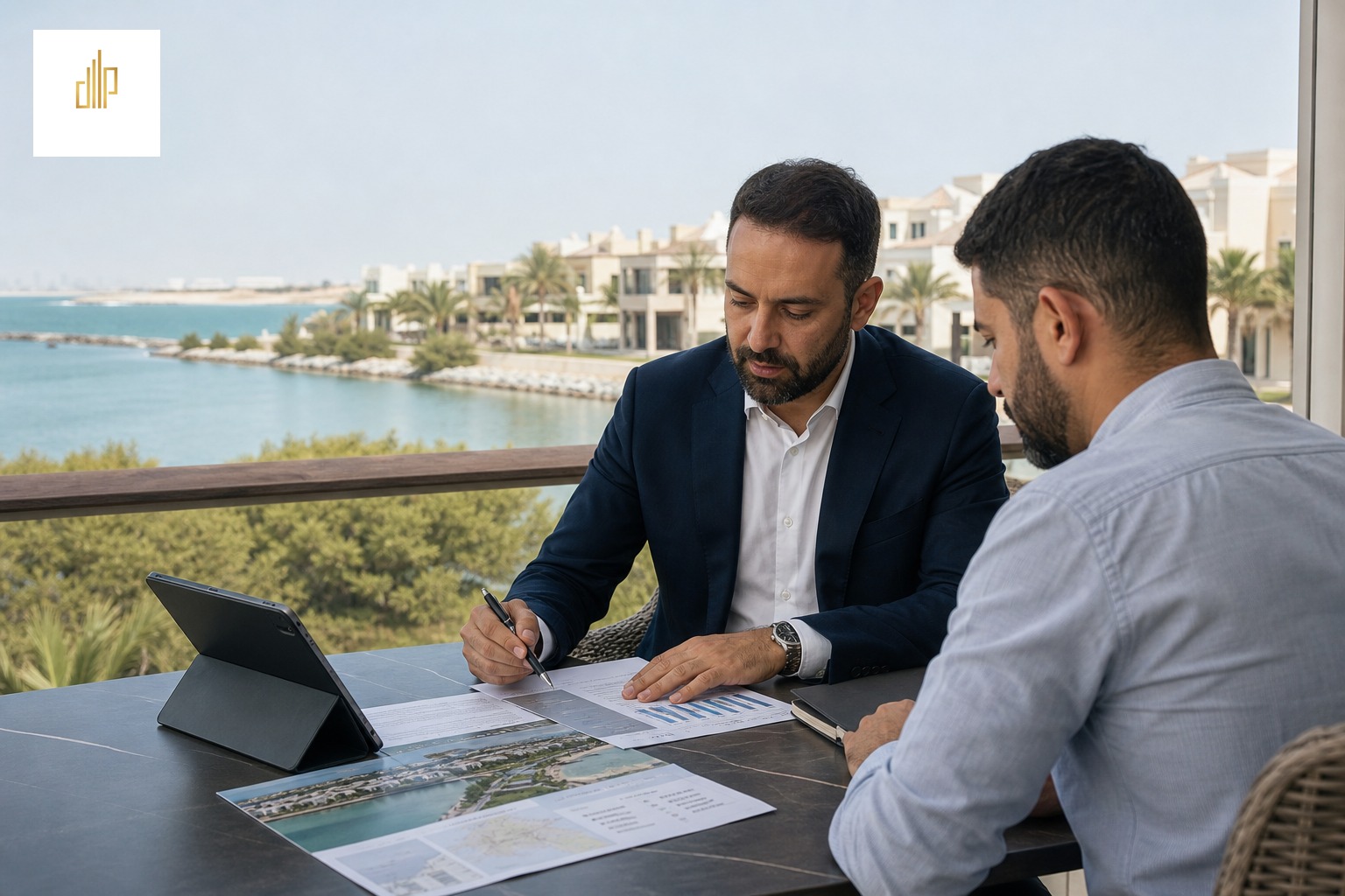 יועץ ומשקיע בוחנים מסמכי נדלן באום אל קיוין מול קו מים ומגורים נמוכים באיחוד האמירויות